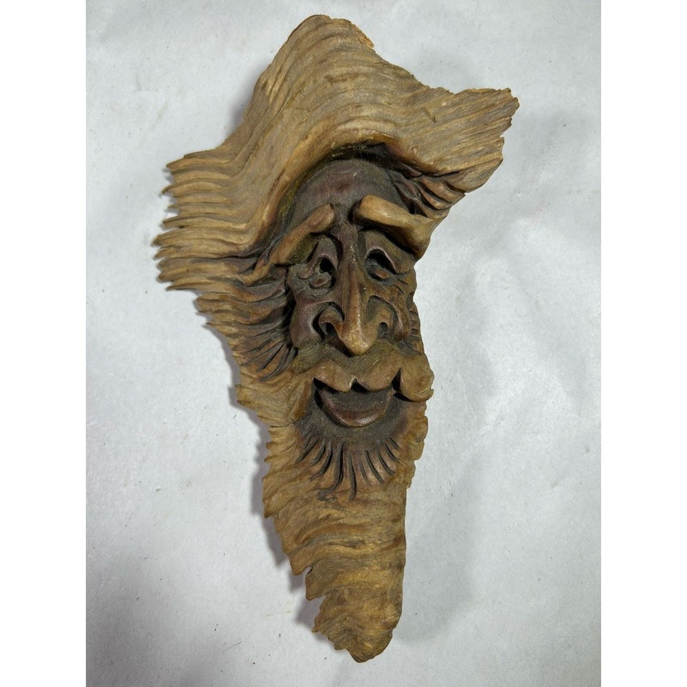 Vintage Hand Carved Wooden Signed Wizard Tree Spirit Old Man Wood Folk Art 7"